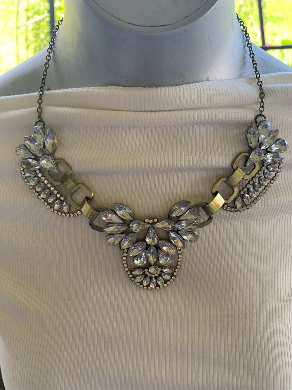 Statement Crystal Bib Necklace - Clear and Antique Gold